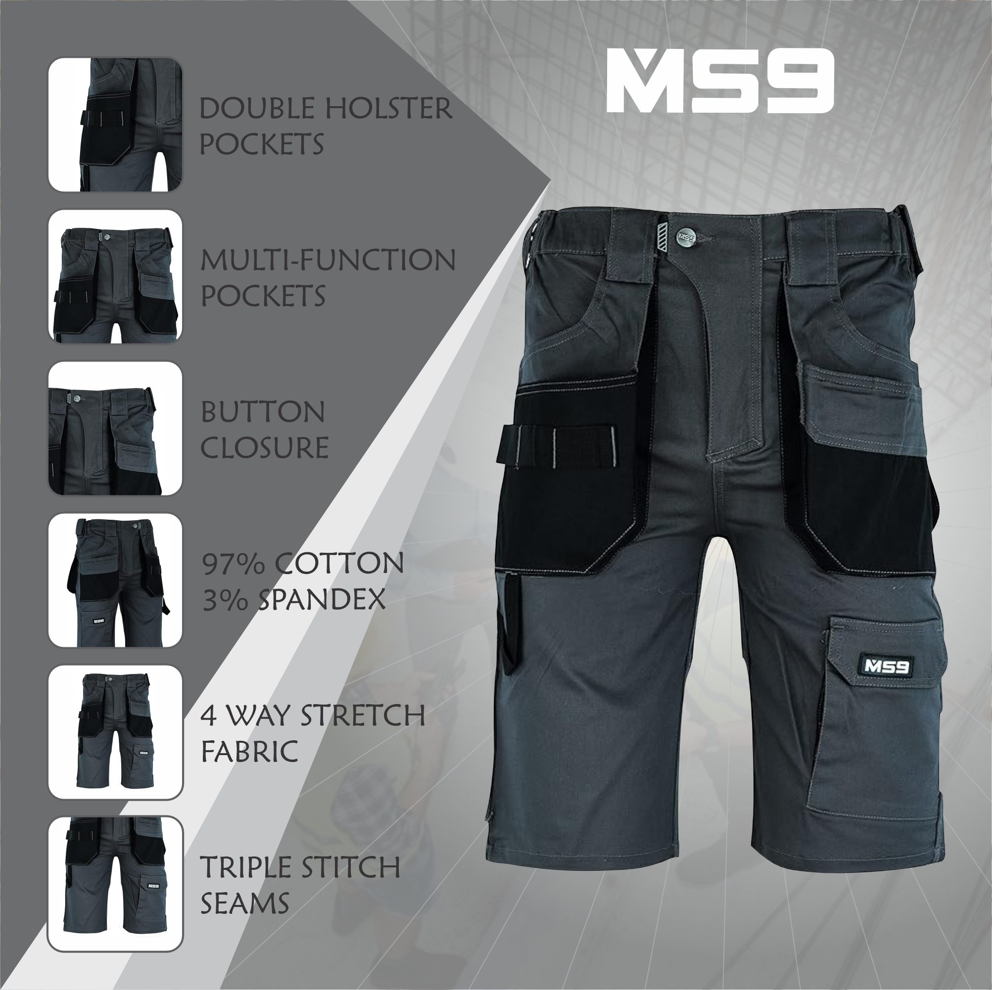 MS9 Mens Cargo Combat Slim Fit Stretch Spandex Work Working Short Shorts