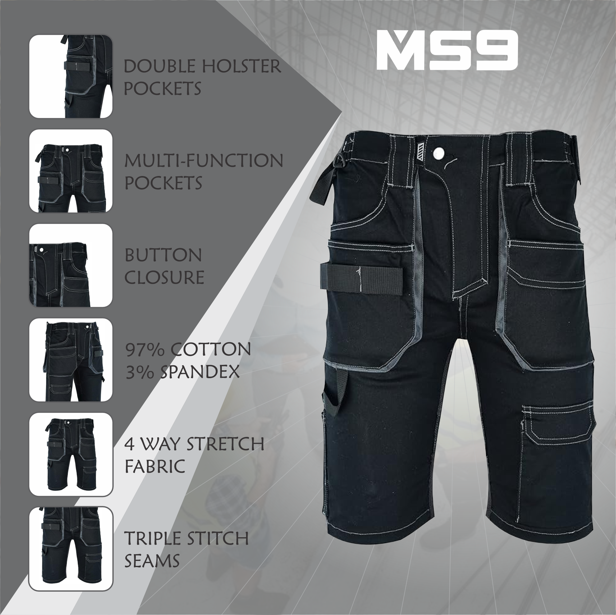 MS9 Mens Cargo Combat Slim Fit Stretch Spandex Work Working Short Shorts
