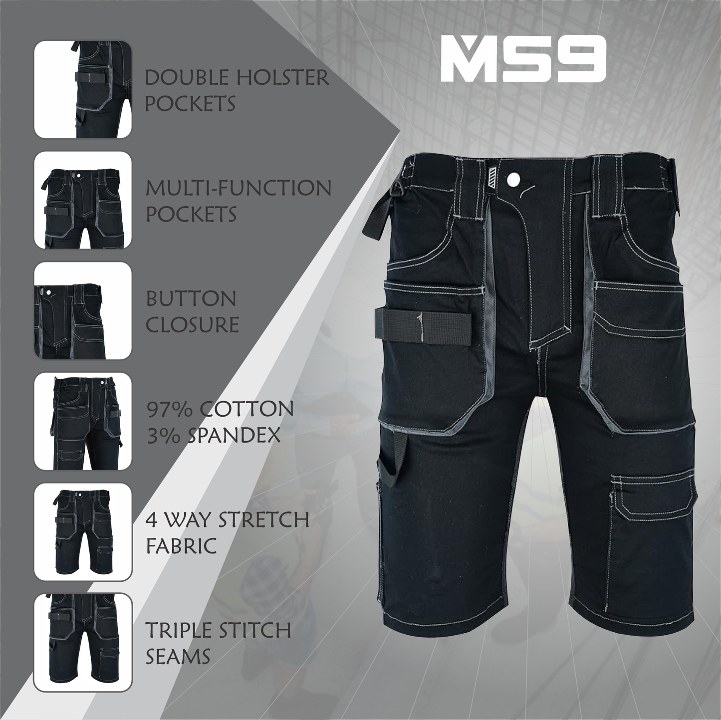 MS9 Mens Cargo Combat Slim Fit Stretch Spandex Work Working Short Shorts