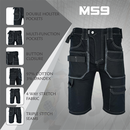 MS9 Mens Cargo Combat Slim Fit Stretch Spandex Work Working Short Shorts