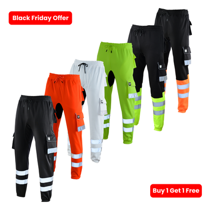 MS9 SS2 Men's Hi Viz Vis High Visibility Pocket Reflective Tape Fleece Regular Fit Work Cargo Painter Trousers Joggers Bottoms