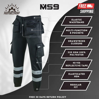 MS9 men's hi visibility fleece work trouser jogger full black colour with multi pockets and reflective tape durable and especially design for winter season 