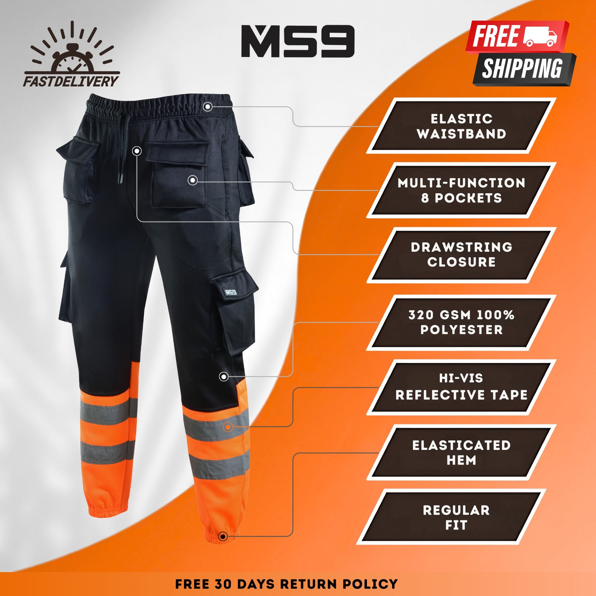 MS9 men's hi visibility hi vis viz fleece work trouser with two colour combinations of black and orange fleece linning joggers with reflective tape at bottom and two side zip pockets  perfect pair for winters and rainy weather enhance your visibility in dark 