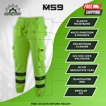 MS9 men's fleece work trouser jogger full yellow colour multi function pockets elastic waistband regular fitting hi visibility reflective tape at bottom 