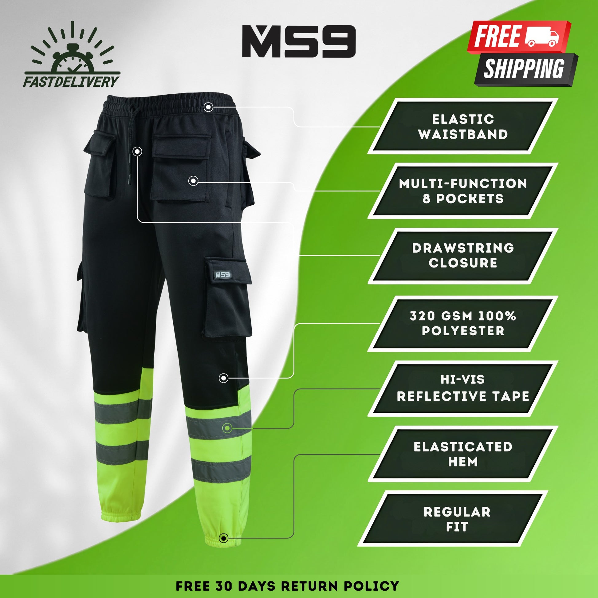 MS9 men's high visibility hi vis viz fleece work trouser in two colour combination of black and yellow with reflective tape to enhance your visibility and comfortable fleece material durable and long lasting perfect for winter and cold weather 