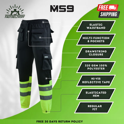 MS9 men's high visibility hi vis viz fleece work trouser in two colour combination of black and yellow with reflective tape to enhance your visibility and comfortable fleece material durable and long lasting perfect for winter and cold weather 